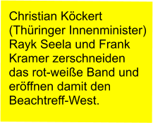 Christian Köckert (Thüringer Innenminister) Rayk Seela und Frank Kramer zerschneiden das rot-weiße Band und eröffnen damit den Beachtreff-West.